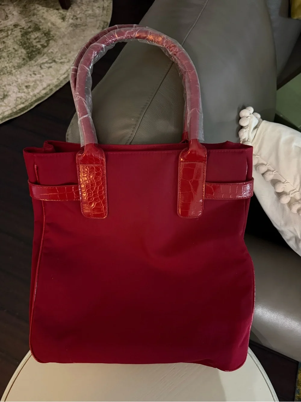 Classic Red Tote with Croc-Texture Trim